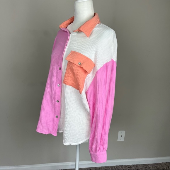 ENTRO COLOR BLOCK BUTTON UP COLLARED COTTON GAUZY TOP SIZE SMALL - Picture 11 of 15